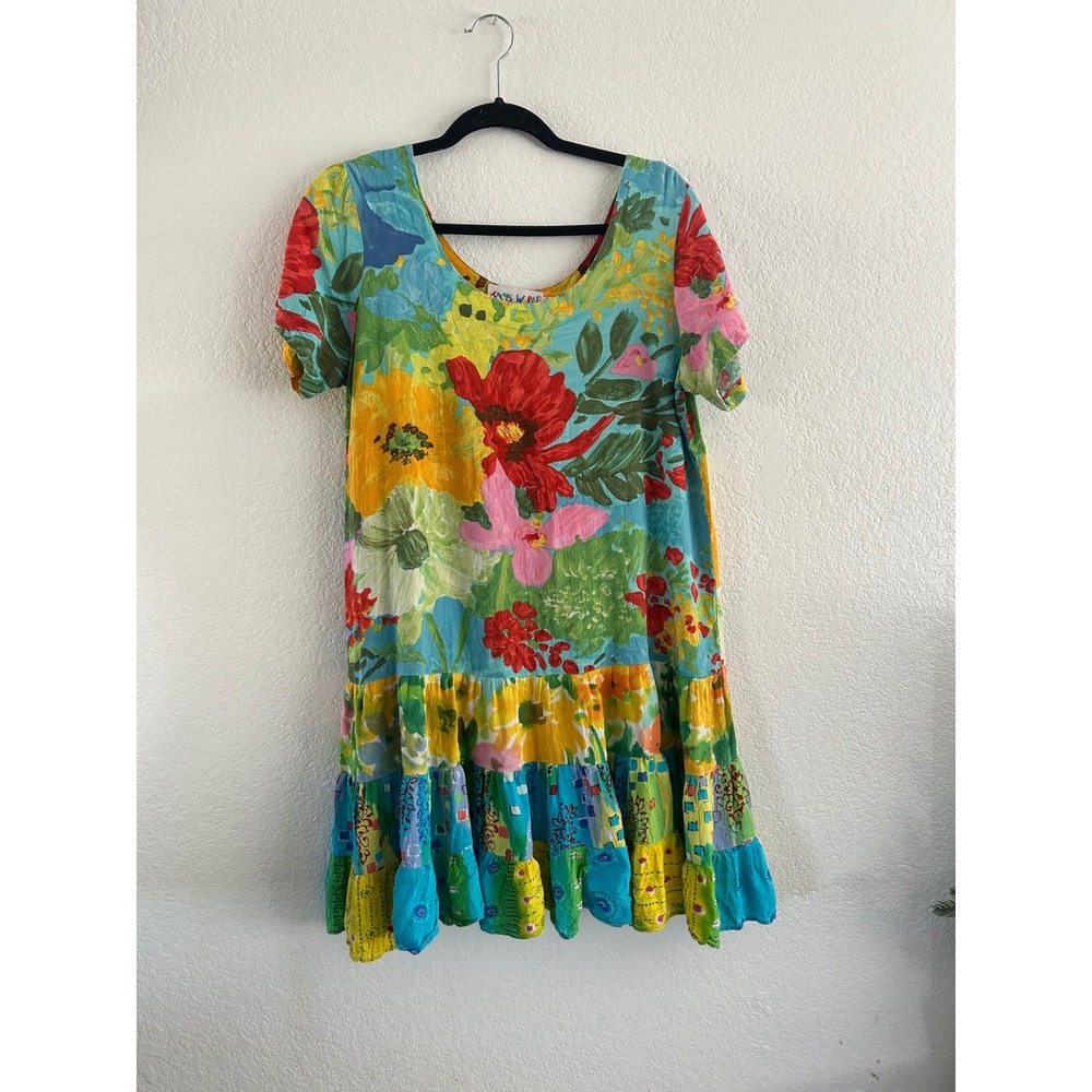 Vintage Jams World Tropical Floral Patchwork Tiered Midi Dress L 2000s Dopamine - Picture 11 of 13